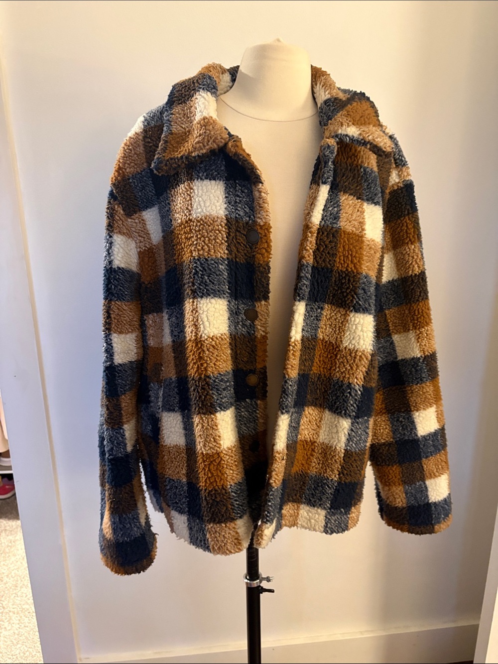 Natural Reflections Plaid Teddy Jacket in Brown, Navy & Cream